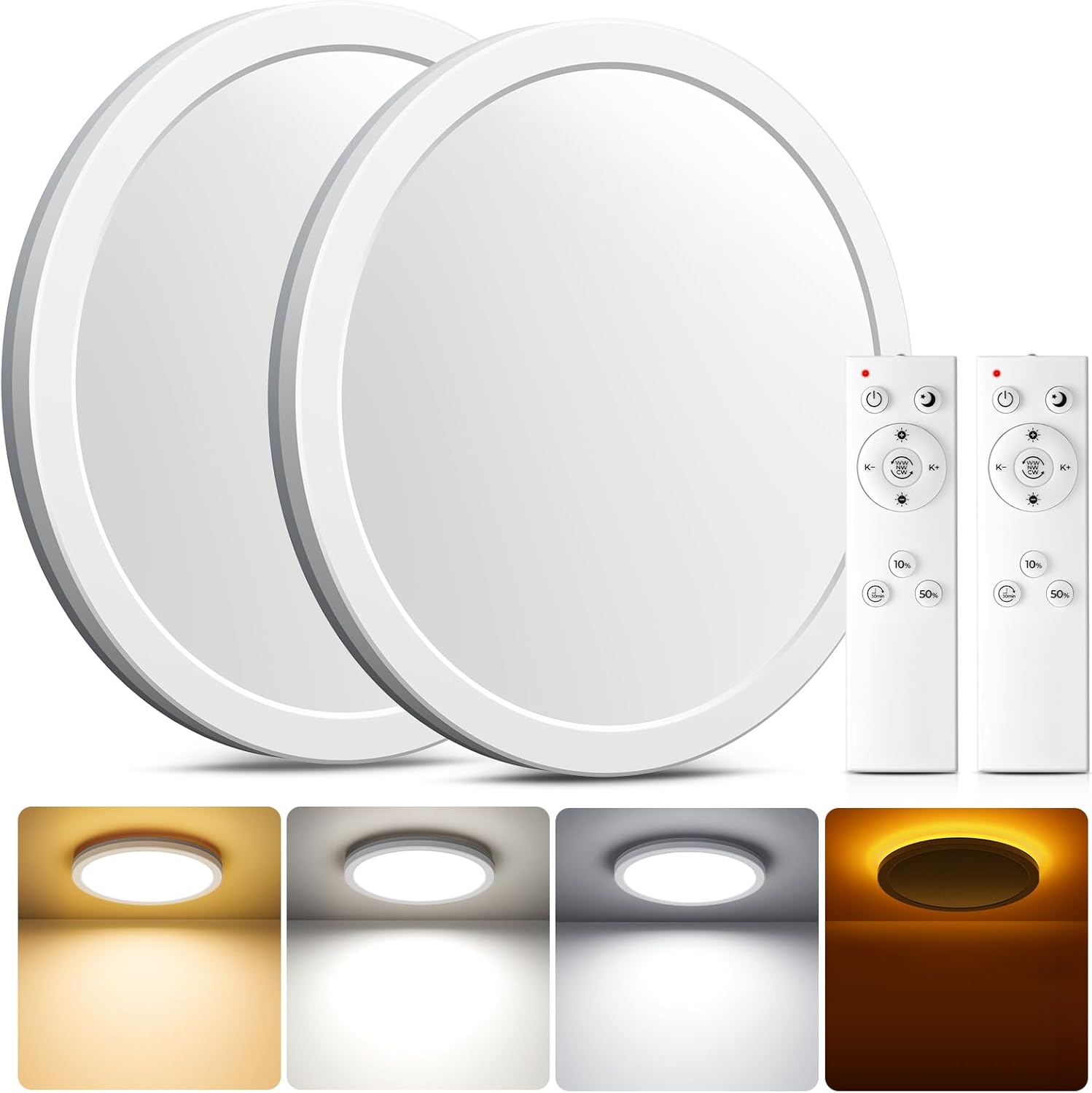 Detalle de Matane LED Deckenleuchte 2er-Set mit Fernbedienung, dimmbar 18W Hauptlicht, 5W Nachtlicht, 3000–6500K, 22 cm Ø, Warmweiß bis Kaltweiß