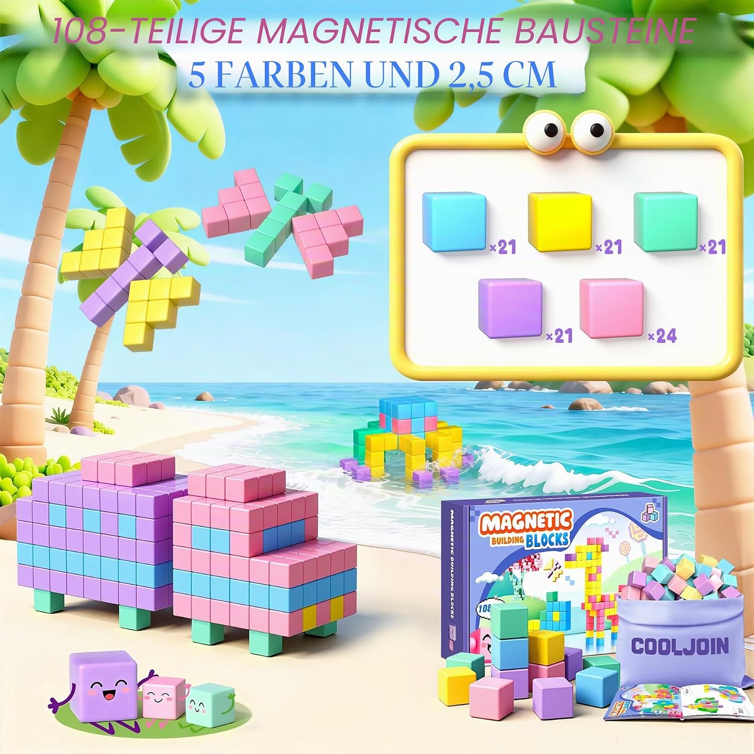 Detalle 2 de COOLJOIN Magnetische Bausteine – 108 Teile Macaron Set mit Aufbewahrungstasche, kreatives Montessori Spielzeug für Mädchen 3–12 Jahre