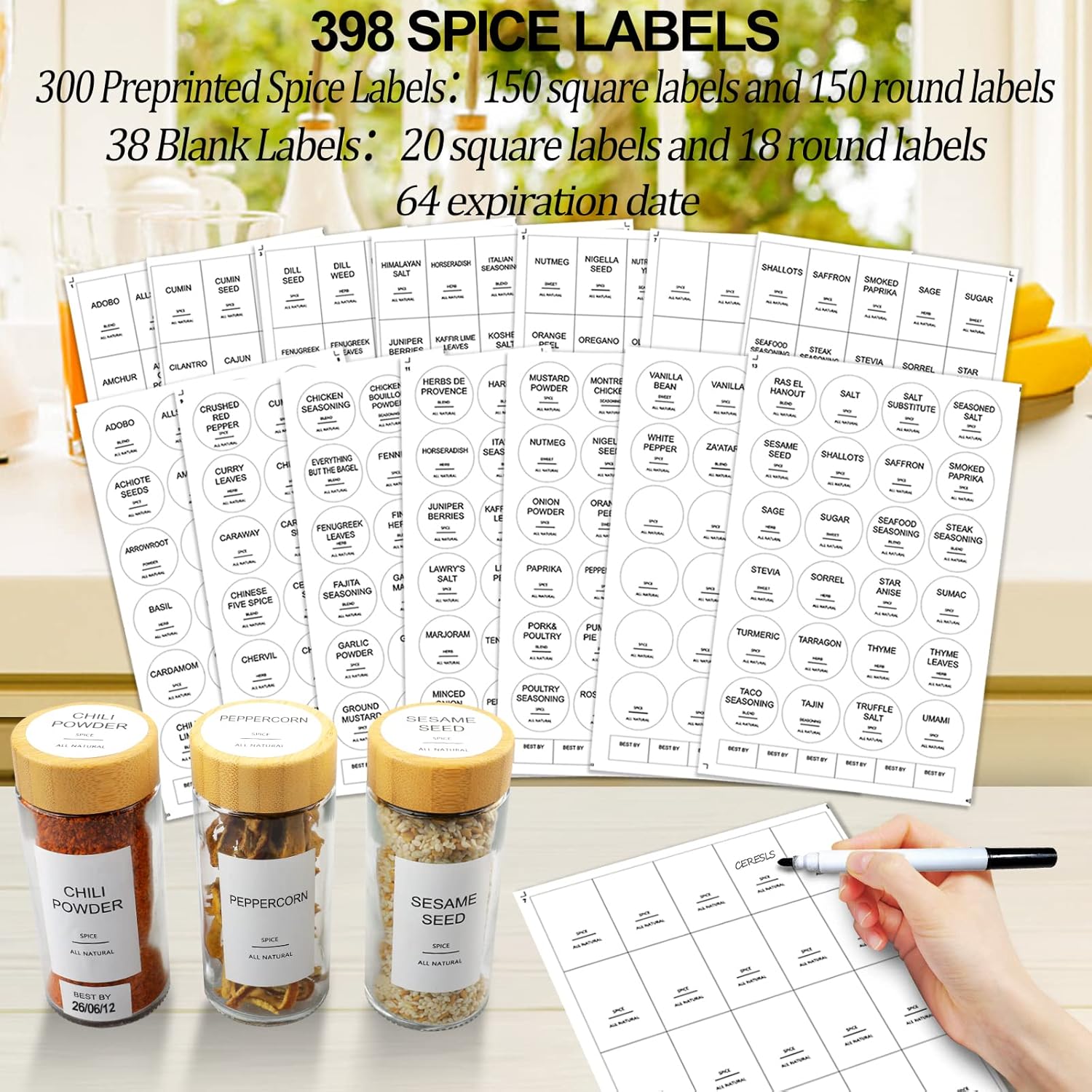 Detalle 2 de AISIPRIN Glass Spice Jars Set (24 x 4oz) with Bamboo Airtight Lids, 398 Labels, Funnel, Brush & Marker