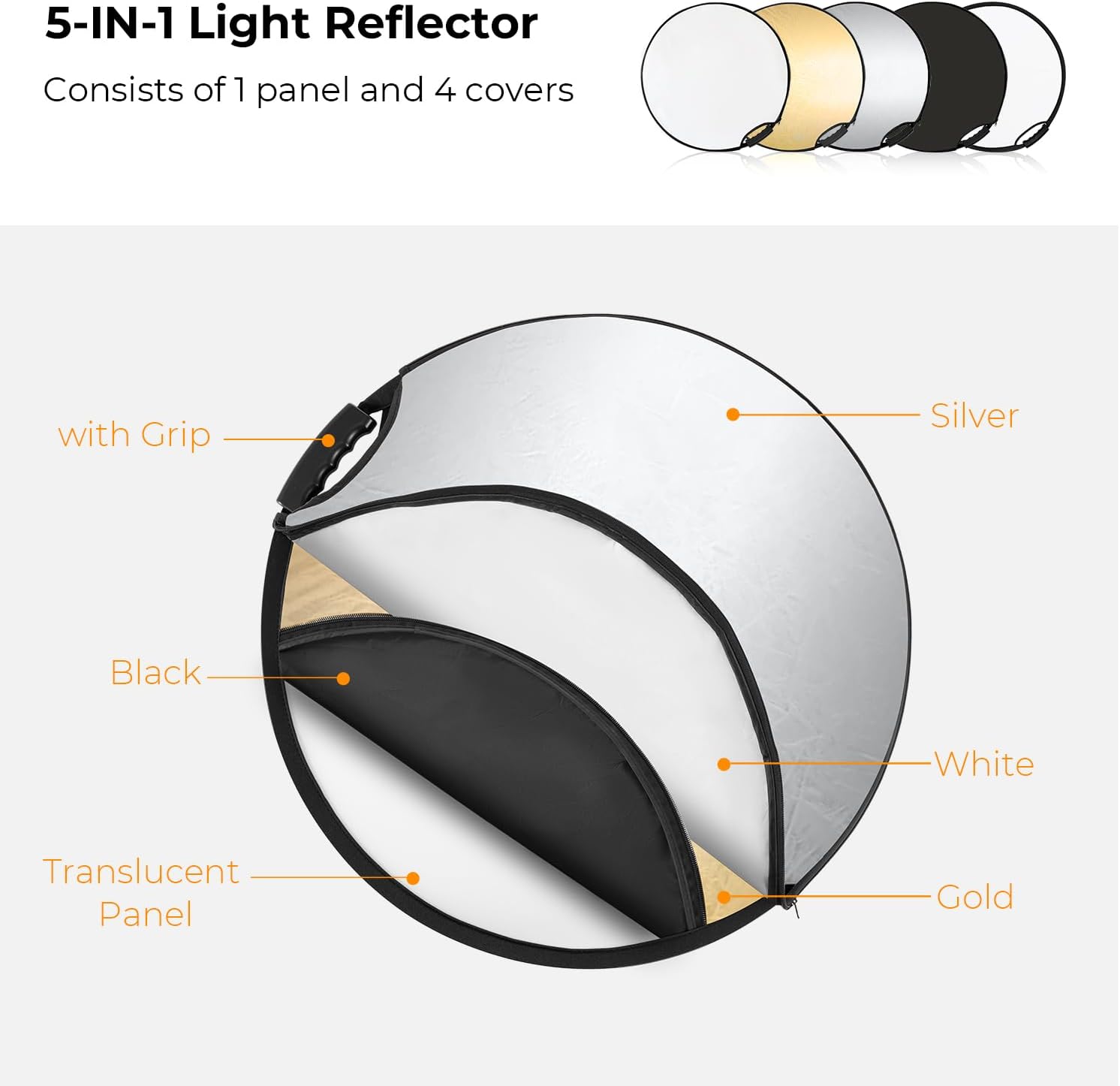 Thumbnail 1 de K&F Concept 5-in-1 22" (60cm) Light Reflector: Portable Studio and Outdoor Diffuser Kit