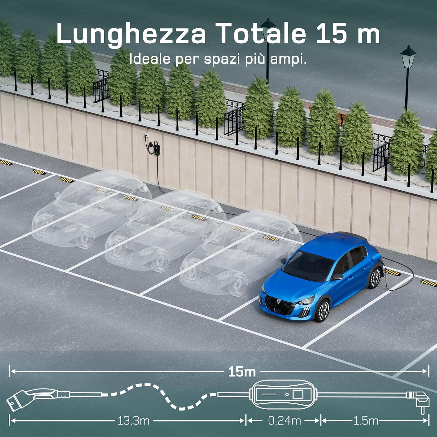 Thumbnail 4 de dé Cavo ricarica auto elettrica Tipo 2 Schuko 15 m 6–16A (3,7 kW) con LCD e supporto