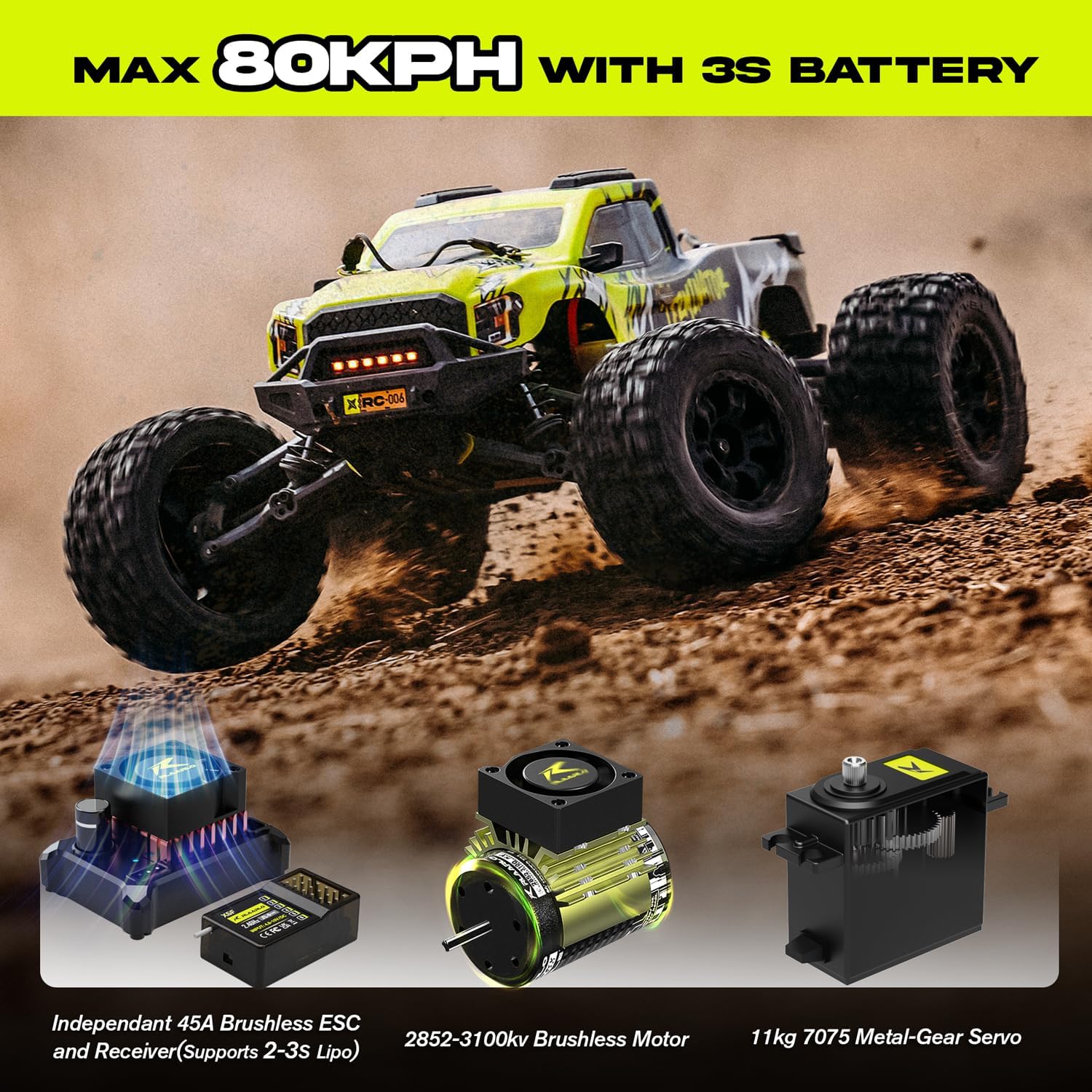 Detalle de AMORIL 1/10 RTR Brushless 4WD Fast RC Monster Truck (Green) – 3S LiPo ready