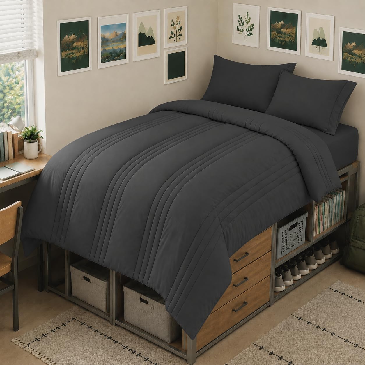 Detalle de CozyLux Twin XL Comforter Set Dark Grey – 5 Pieces Bed in a Bag