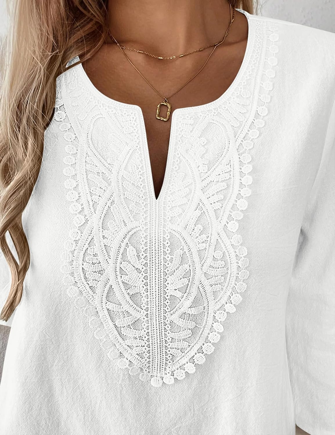 Detalle de Lomon Womens Cotton Linen 3/4 Sleeve V-Neck Lace Casual Loose Fit Blouse