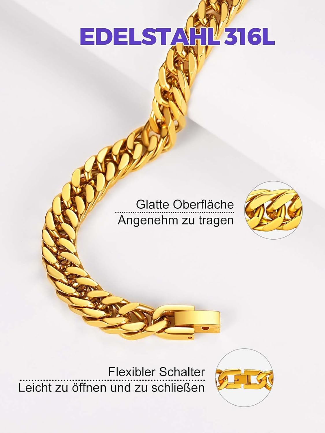Detalle 2 de Richsteel Herren-Armband aus Edelstahl (Cuban Glieder) in Silber, Gold oder Schwarz – Breite 8/12/17 mm, Länge 19/21/23 cm