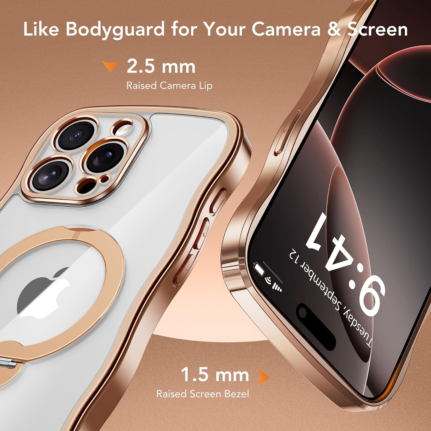 Detalle 2 de GOLBINBOX for iPhone 15 Pro Case with 360° Magnetic Stand Ring (MagSafe, Military Protection) - Rose Gold/Clear