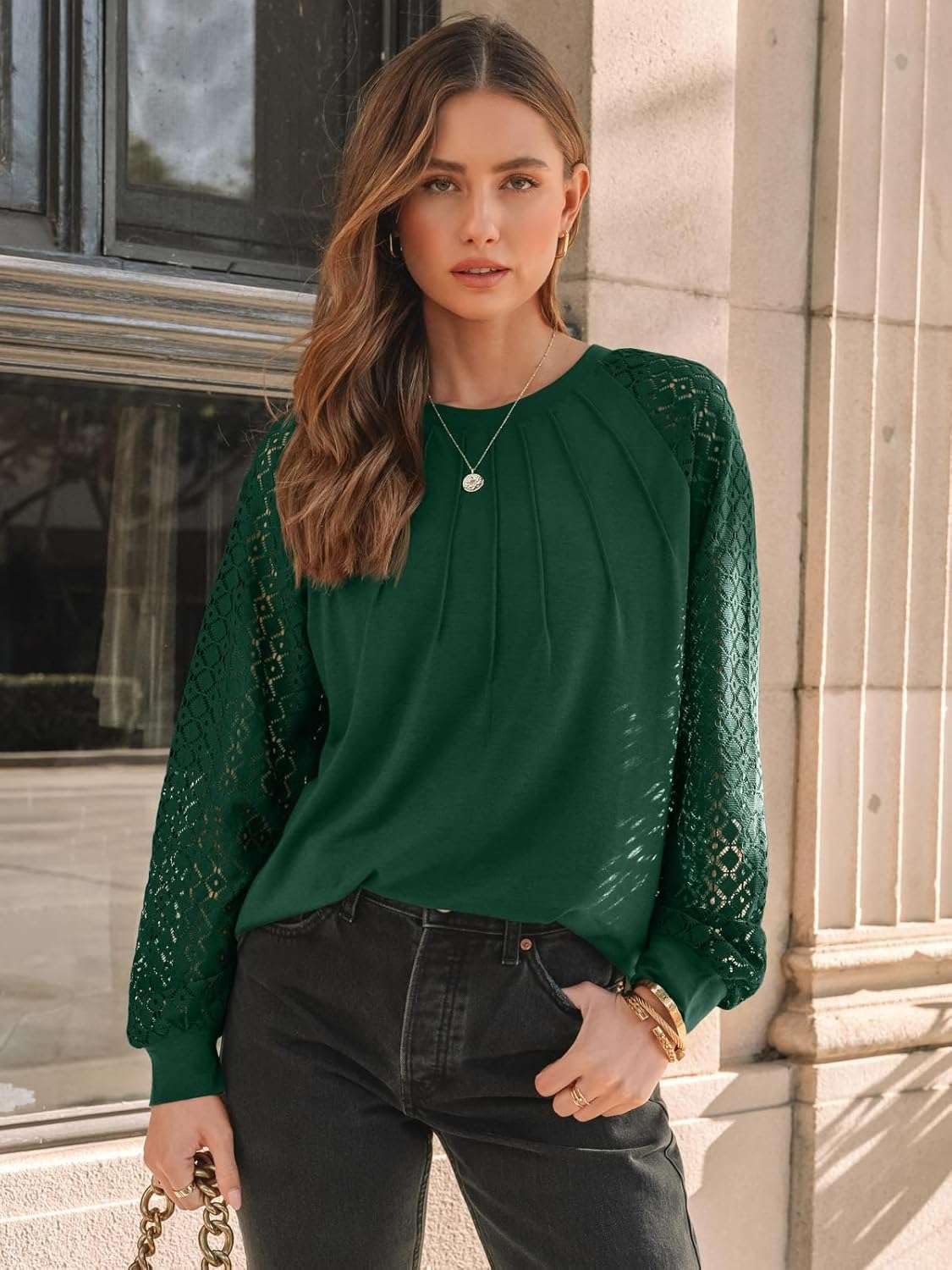 Detalle 2 de Pawate Damen Langarmshirt mit Spitze – Businessbluse, Tunika-Look & Herbst-Outfits