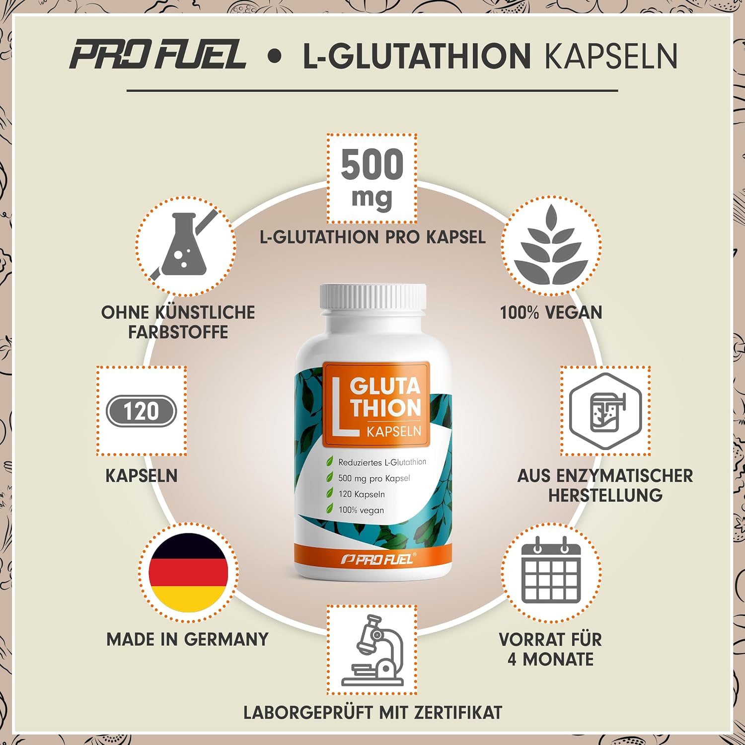 Detalle 2 de L-Glutathion Kapseln 120× 500 mg in GSH-Form (vegan) – laborgeprüft mit Zertifikat