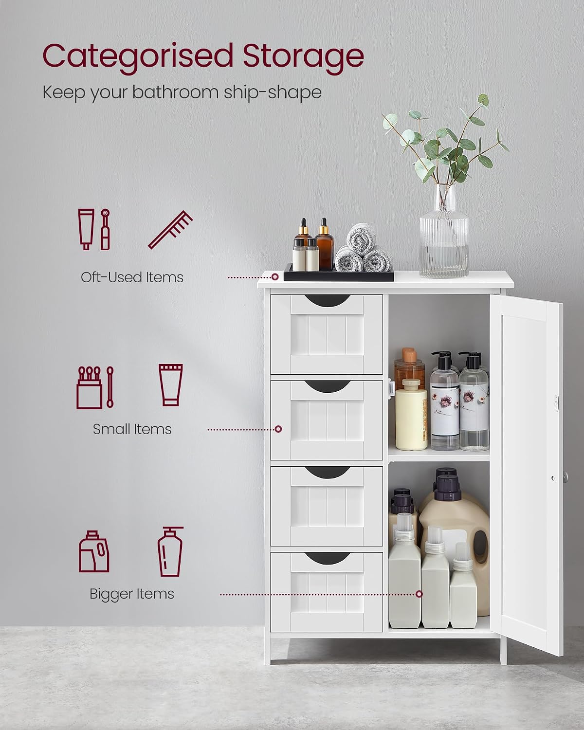 Detalle de Vasagle LHC41W Bathroom Floor Storage Cabinet with 4 Drawers, Single Door & Adjustable Shelf (White)