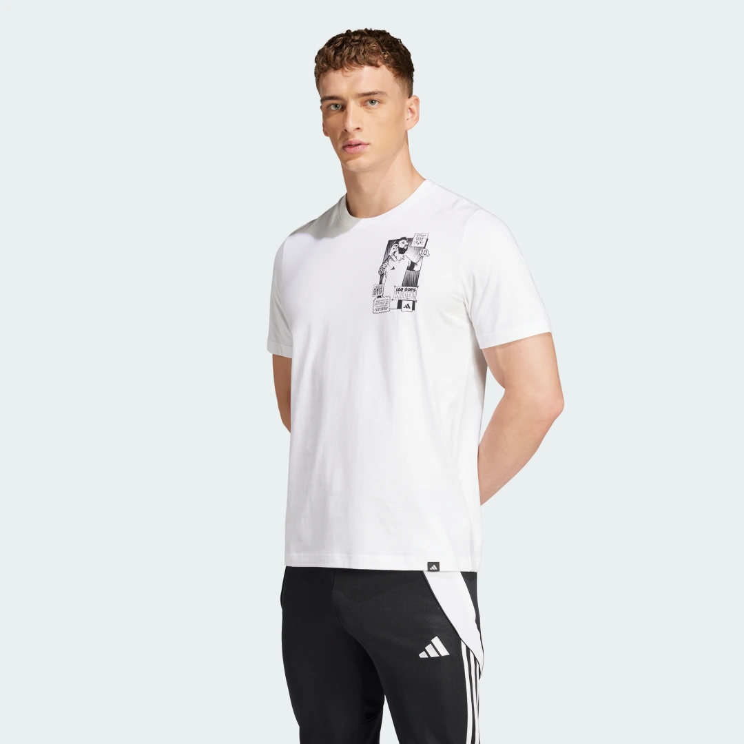 Detalle de adidas Messi Icon Graphic T-Shirt blanca, camiseta casual con gráfico de Messi