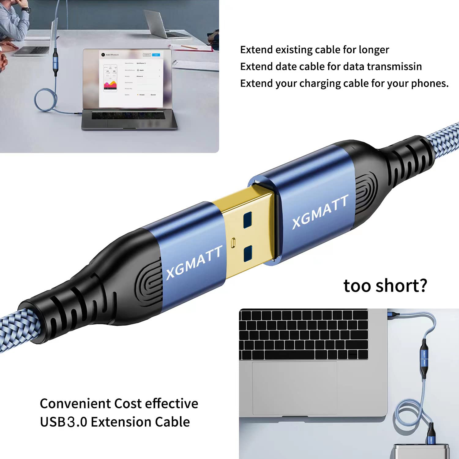 Detalle 2 de XGMATT Long USB 3.0 Extension Cable 4M (A Male to A Female) – Gold‑plated, 5Gbps, USB Extension Lead
