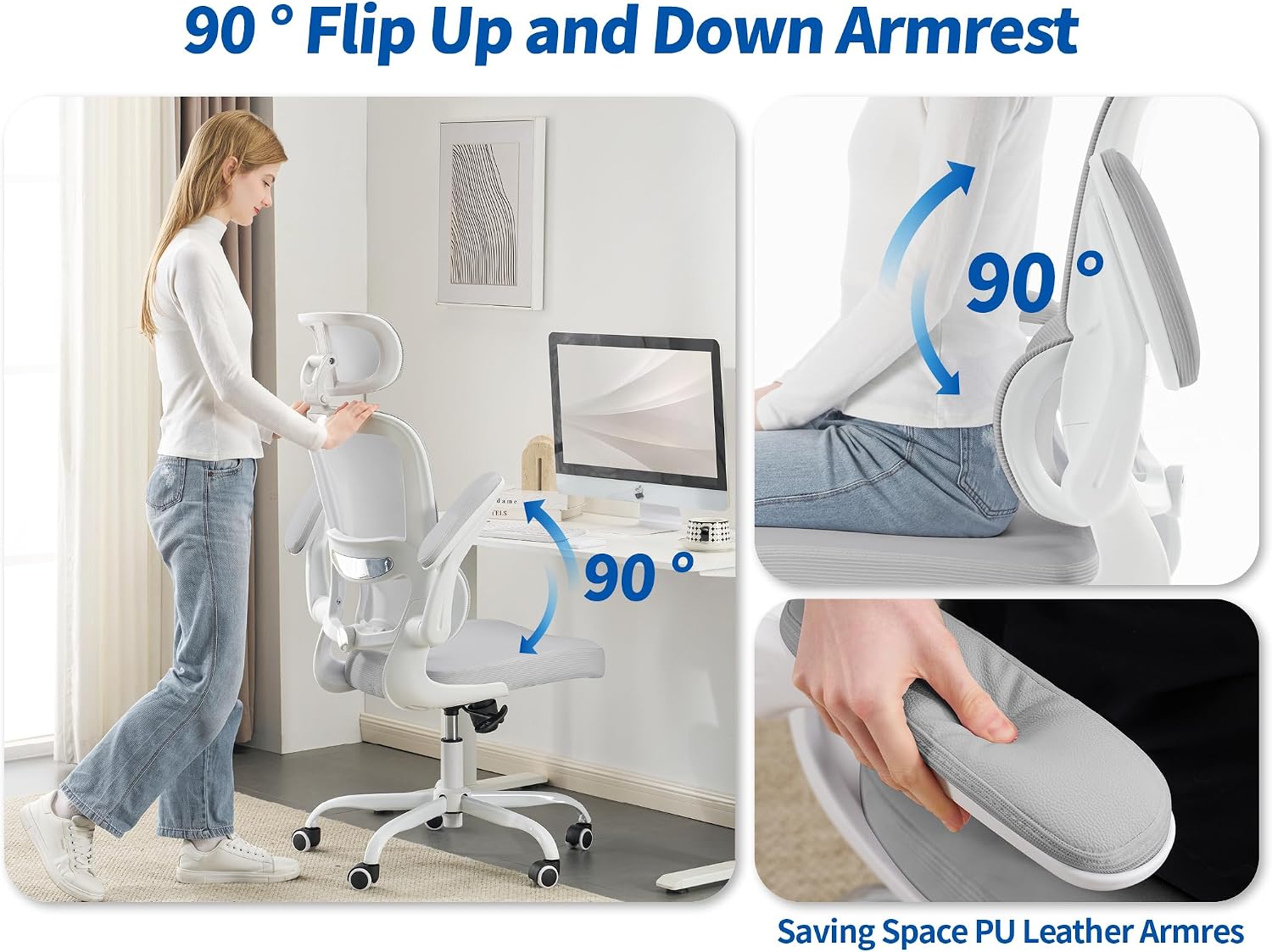 Detalle de TRALT Ergonomic Office Chair, Grey Mesh Back, Leather Seat and Flip-Up Arms