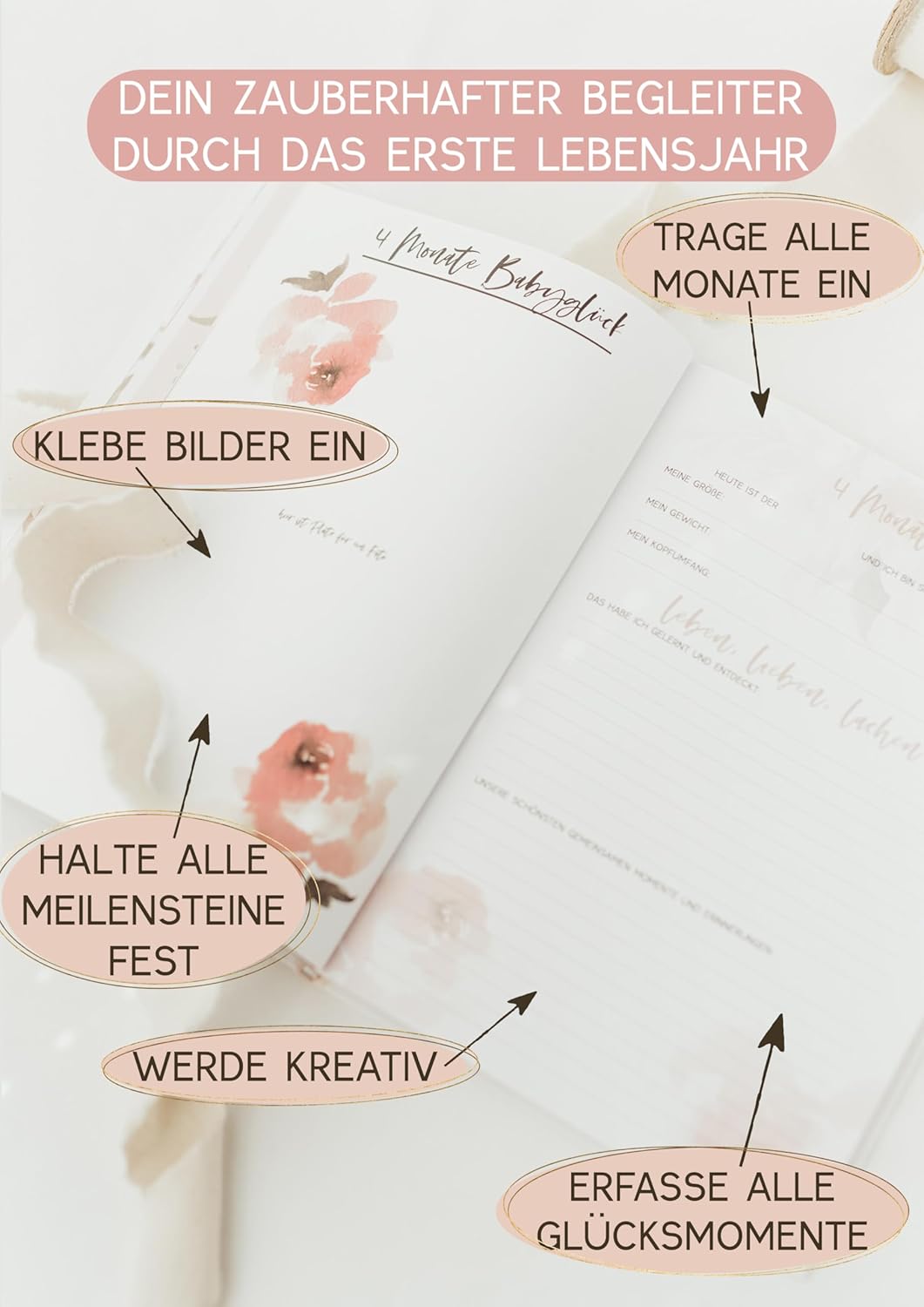 Thumbnail 5 de HIMMEL.HERZ.PAPIER Mein erstes Jahr Babyalbum – A4 Erinnerungsbuch mit 84 Seiten (Hardcover) in Rosa