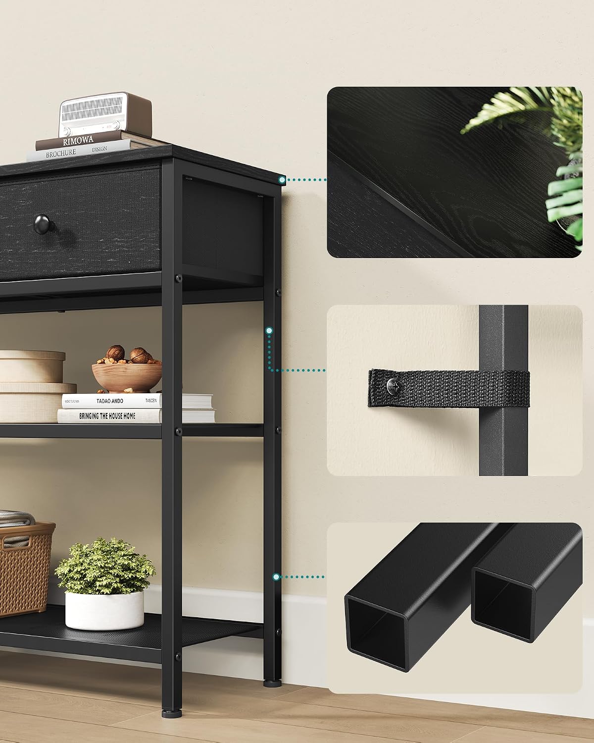 Detalle de SONGMICS LGS098B201 BELLAH consoletafel met 3 stoffen lades en 2 gaasplanken