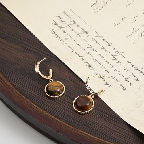 Detalle 2 de Weviway Tigerauge Ohrringe 14K vergoldet – hypoallergene Drop Anhänger, Hoop Ohrstecker