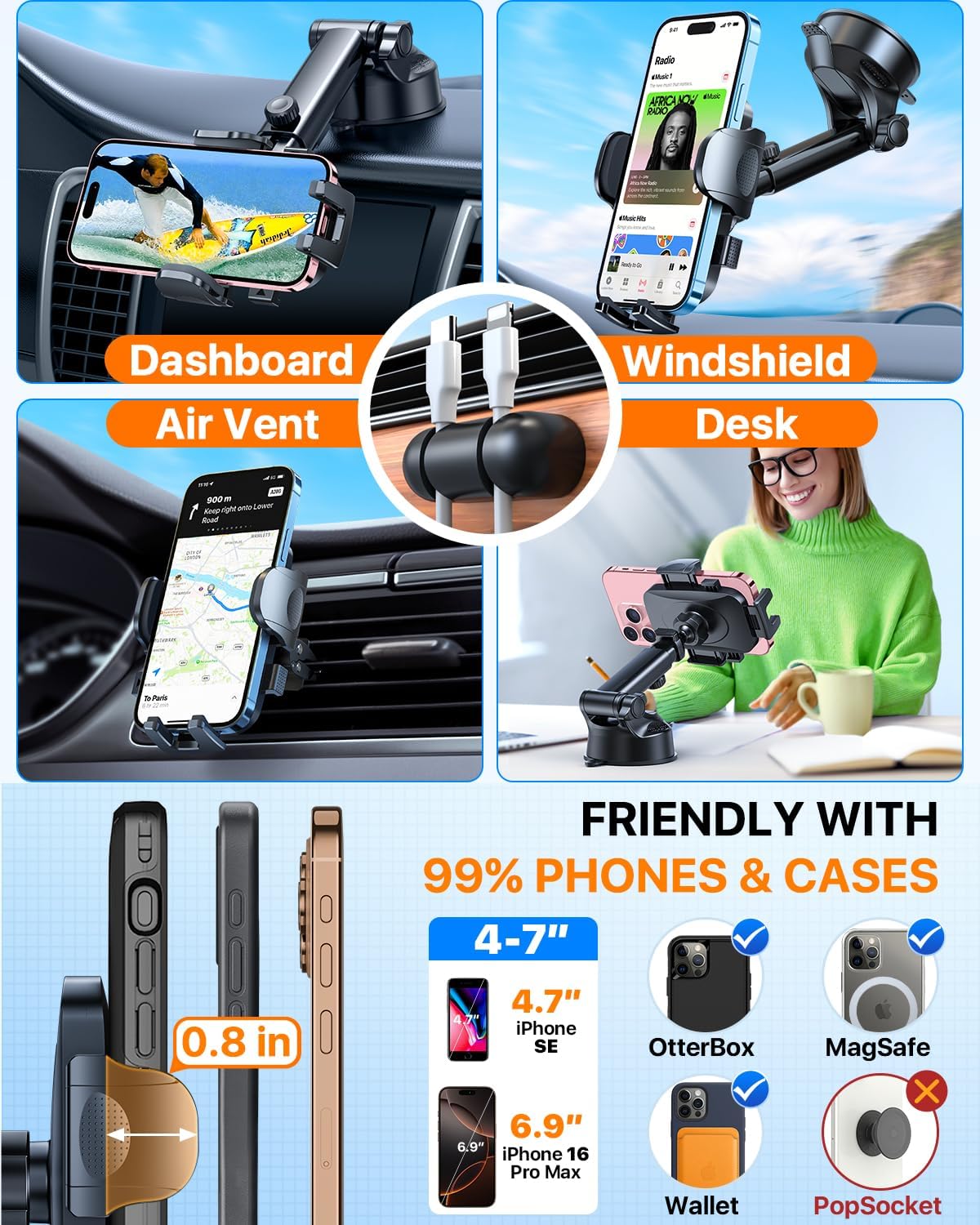 Thumbnail 5 de HTU 2026 Ultimate Best Car Phone Holder — True Military-Grade, 360° Rotation, 100LBS Suction (Blue)