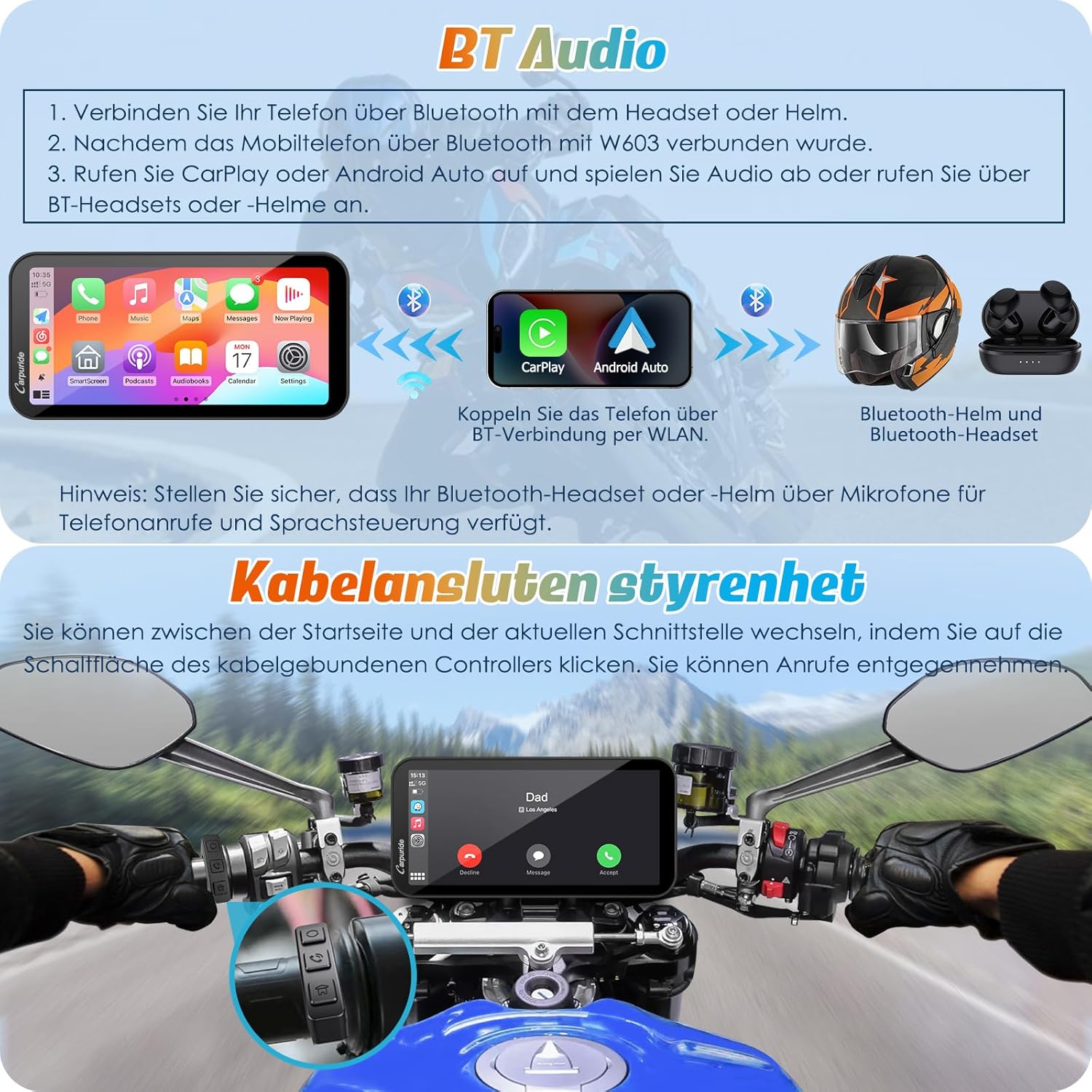 Thumbnail 4 de Carpuride W603 Motorrad-CarPlay-Bildschirm mit kabellosem CarPlay/Android Auto, 6,3" Touchscreen & IP67