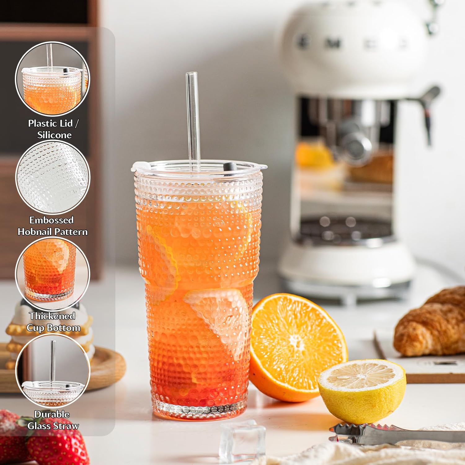 Thumbnail 5 de INSETLAN 20oz Hobnail Glass Cups with Lids and Glass Straws — 4 Pieces