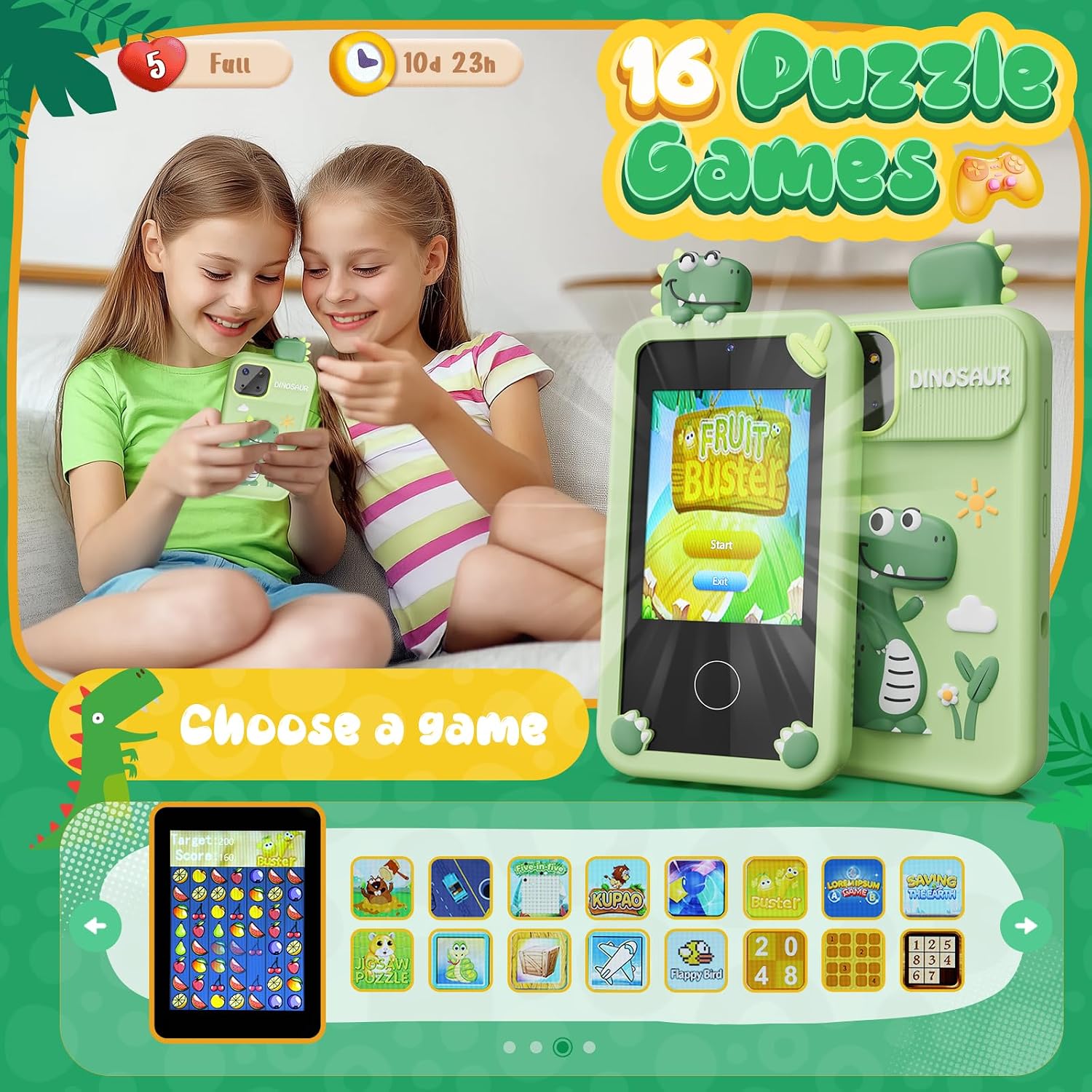 Thumbnail 3 de Luyiilo Kids Smart Phone Toy for Boys with Dinosaurs – 2.8" Touchscreen, 16 Learning Games, Dual Camera, 8GB SD Card
