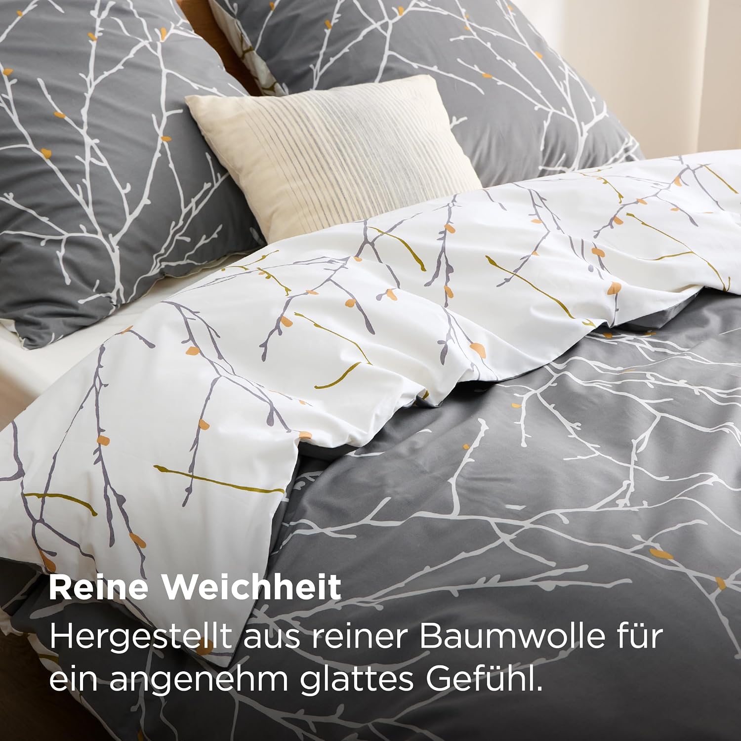Detalle de BEDSURE Bettwäsche 135x200 aus Baumwolle in Grau – Wendebettwäsche mit Reißverschluss (2-teilig, 80x80)