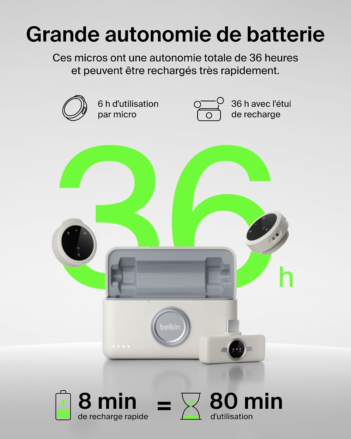 Detalle de Belkin Stage Micro sans Fil avec Clip d'attache – Micro-cravate sans fil double, 24 bit/48 kHz, 36 h d’autonomie