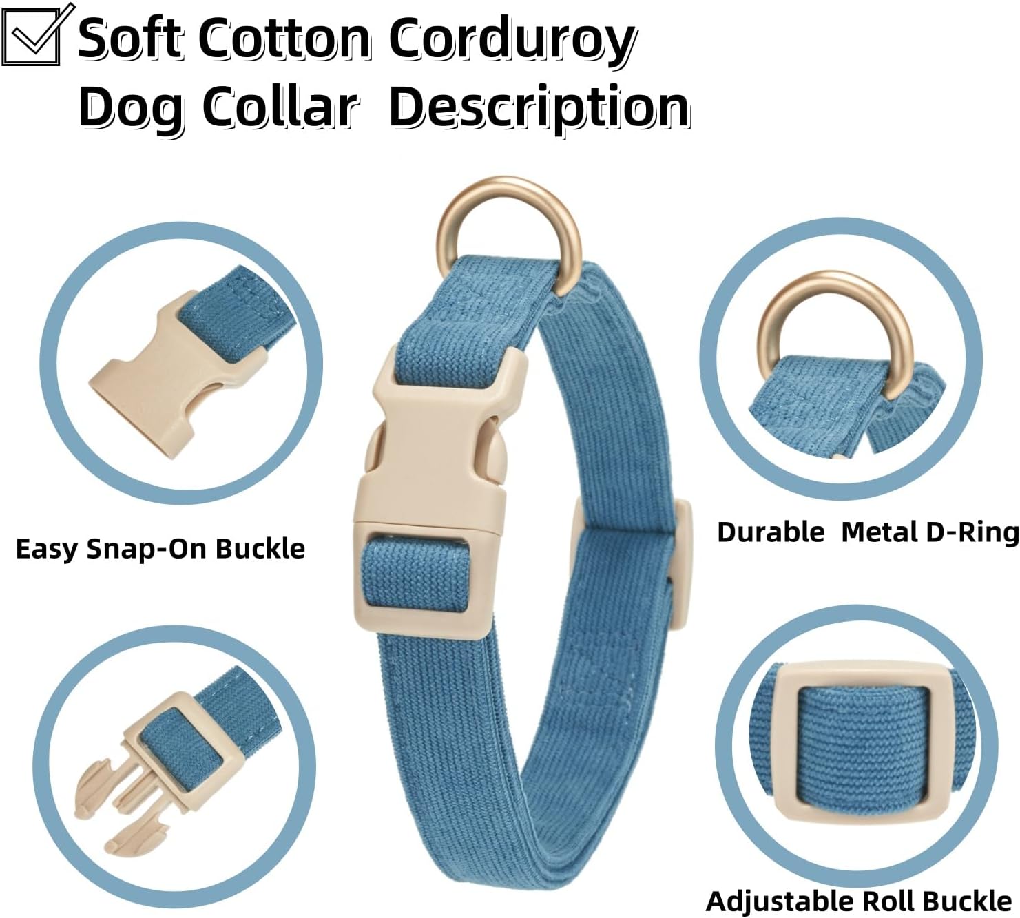 Detalle 2 de YUDOTE Soft Corduroy Dog Collar with Plastic Clip – Comforty and Adjustable for Medium Dog, Blue