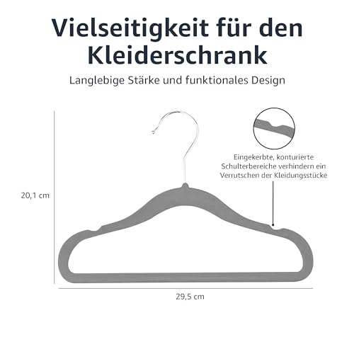 Detalle de Amazon Basics Kinder-Kleiderbügel aus Samt – rutschfeste, 29 cm, 50er-Pack (Grau)