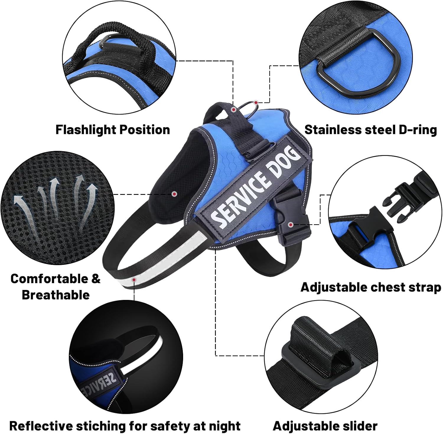 Detalle de Belababy Soft No Pull Dog Harness Medium (Blue) with reflective, anti-escape strap and service patches
