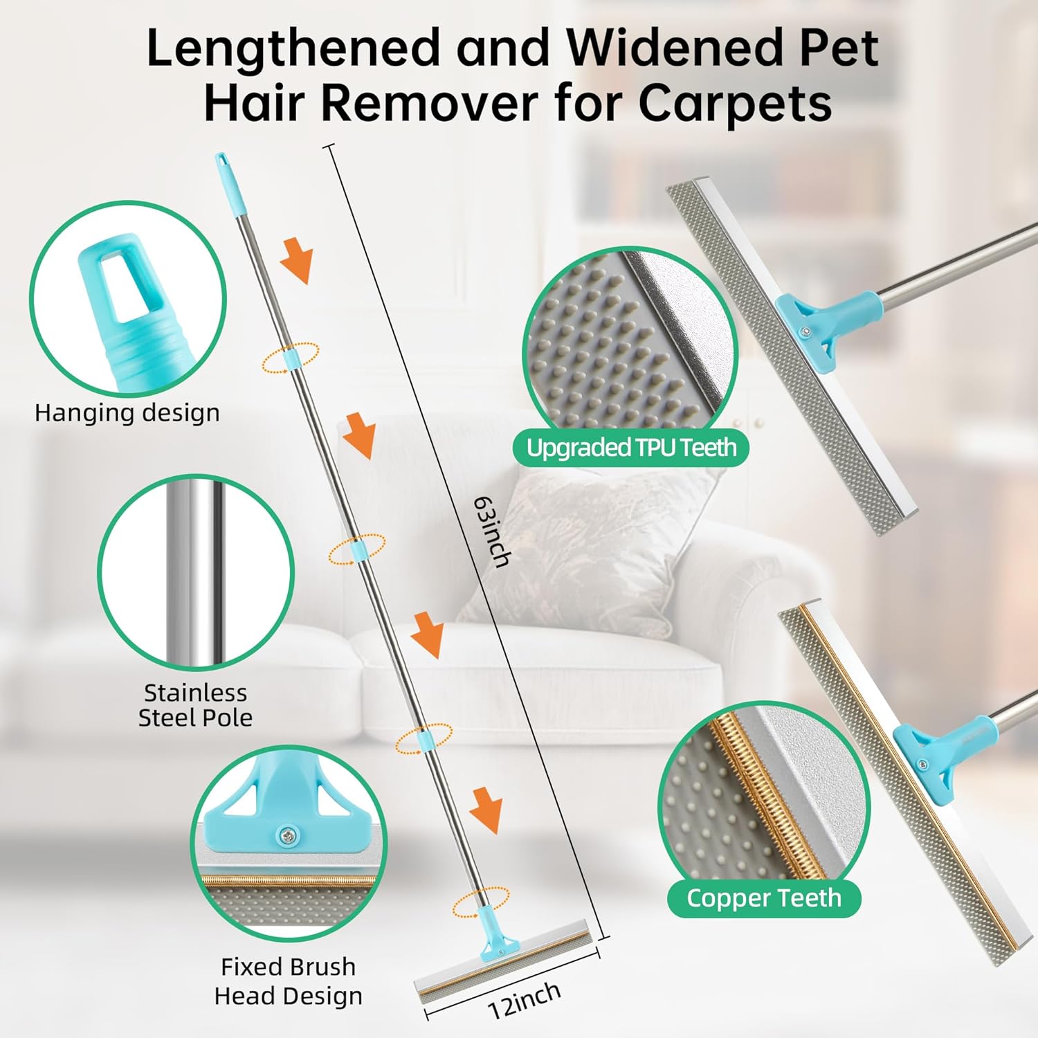 Thumbnail 5 de Halucky Carpet Rake 63" for Pet Hair