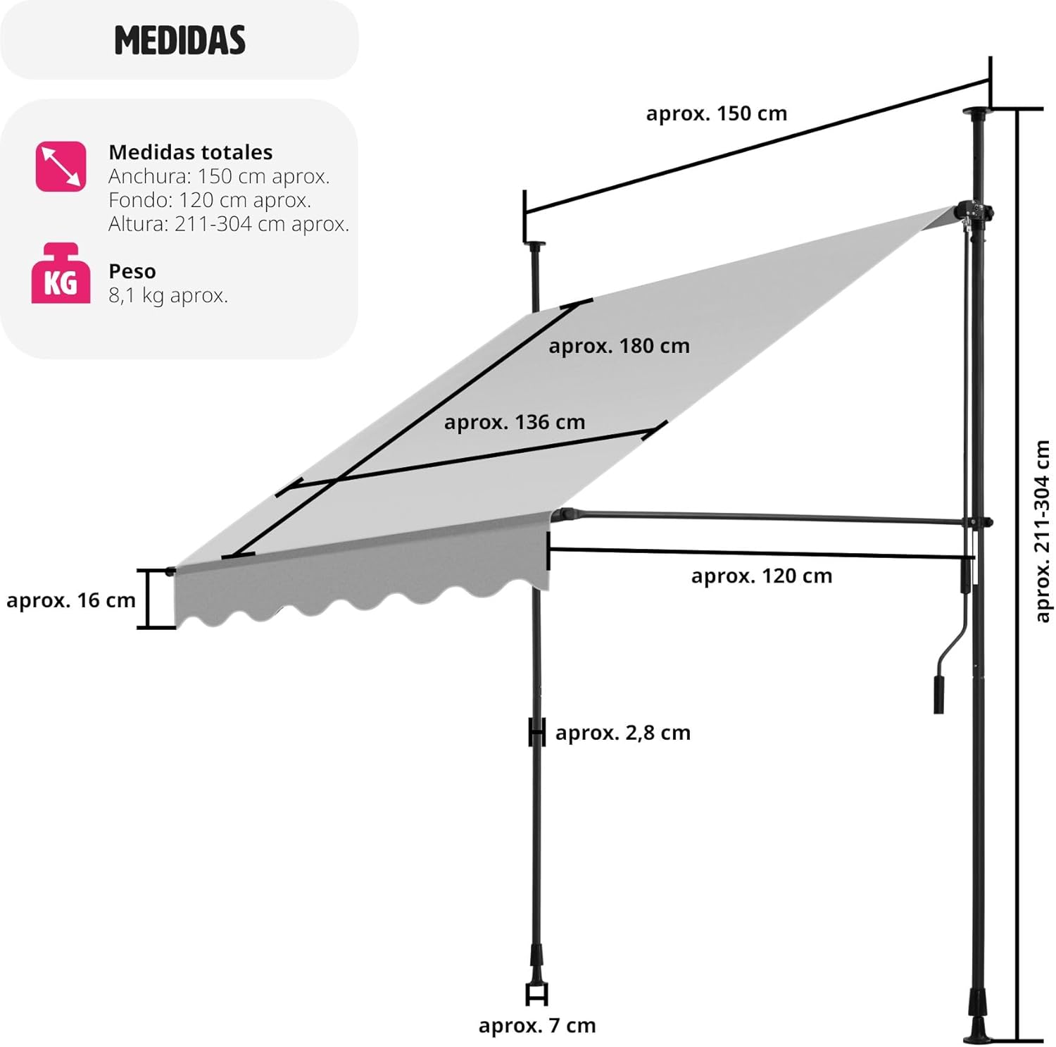 Thumbnail 5 de tectake® Toldo Terraza Manual 150cm, Resistente UV y Agua ☀