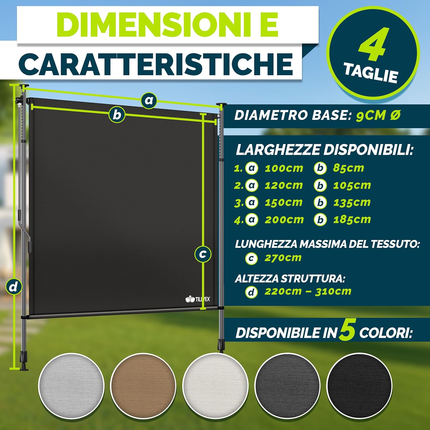Thumbnail 6 de tillvex® Tenda da sole verticale per esterni 150 x 310 cm nero con manovella, senza fori