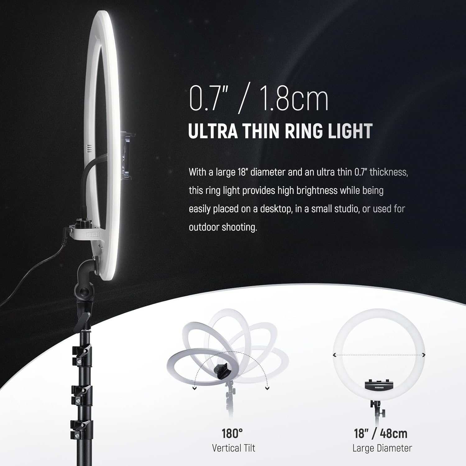 Detalle de NEEWER RP18B Pro 18 inch ring light with tripod stand and phone holder (2900K–7000K, app control)