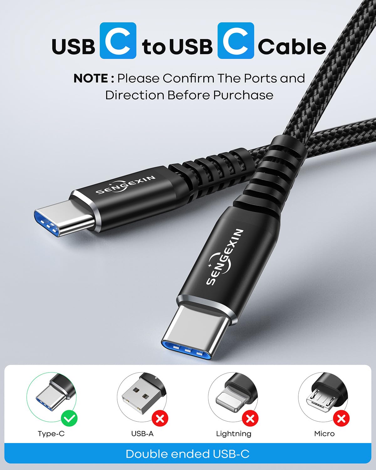 Detalle 2 de SENGEXIN 60W 2M USB-C to USB-C Charger Cable for iPhone 15 and More