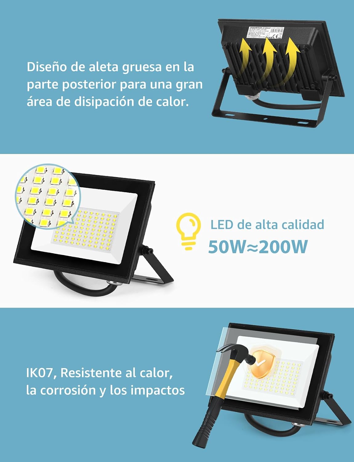 Detalle de Aigostar Faretto LED da esterno 50W 4500LM IP65 6500K bianco freddo (90 LED) con supporto regolabile fino a 180°