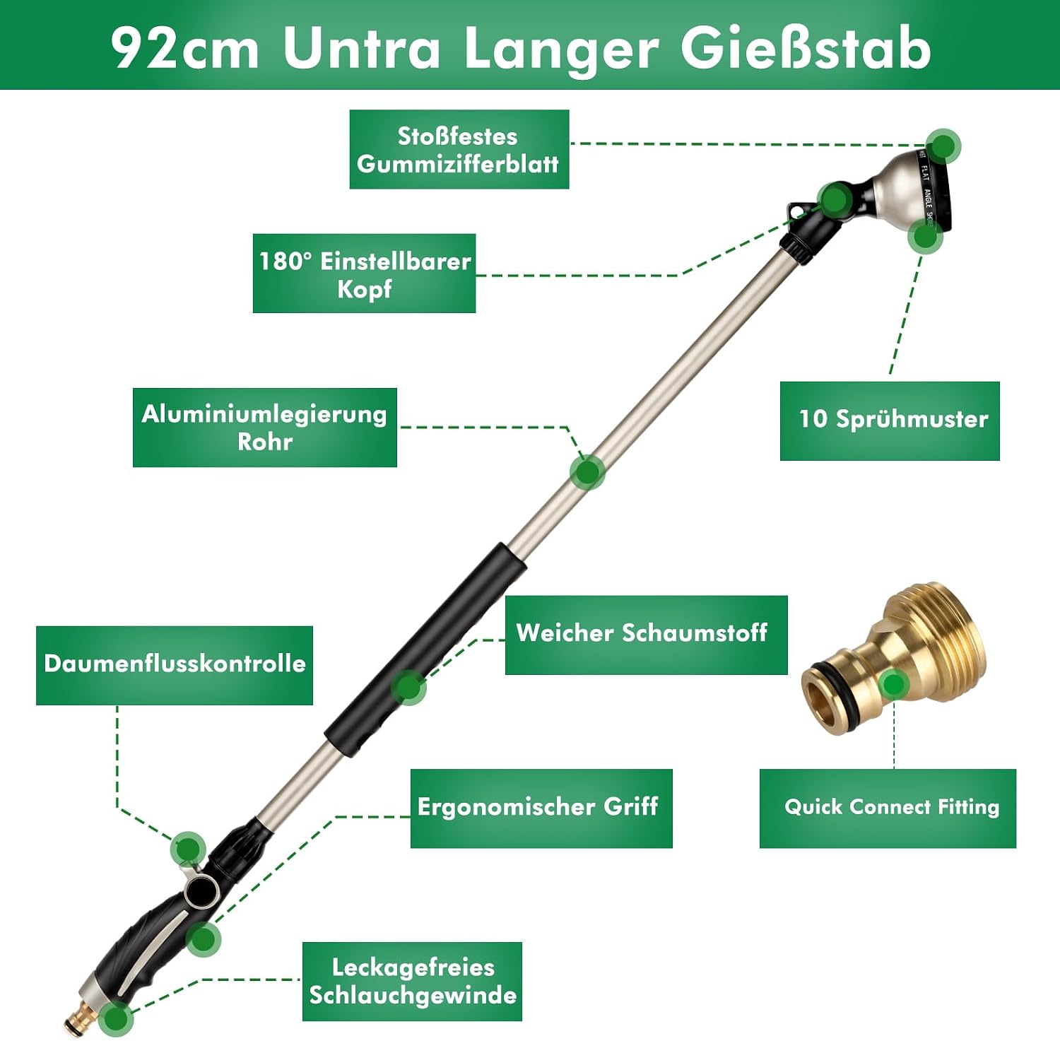 Detalle 2 de Restmo 92 cm Ultra Langer Gießstab mit 180° schwenkbarem Kopf, 10 Sprühmustern & Daumenflusskontrolle