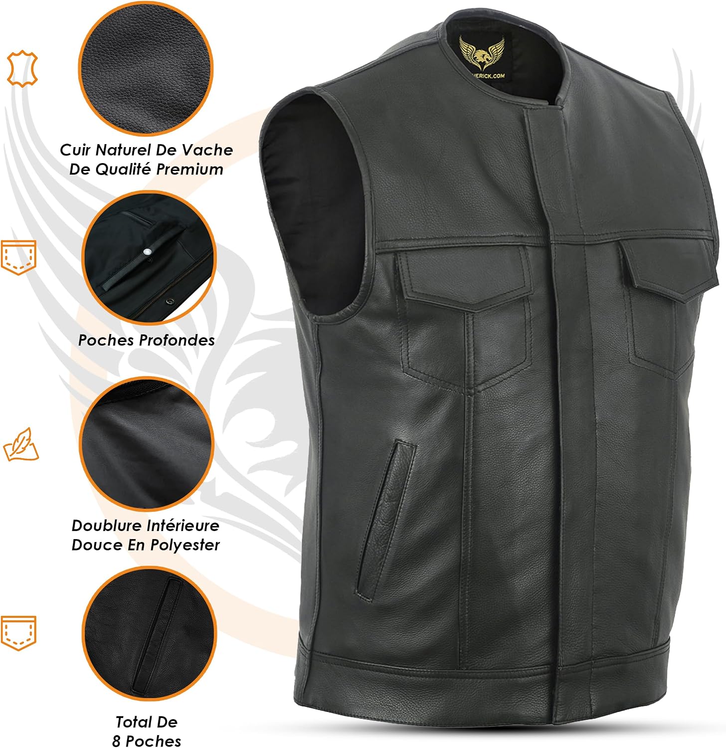 Detalle 1 de Leatherick Gilet de motard en cuir véritable noir sans col Anarchy Club pour homme