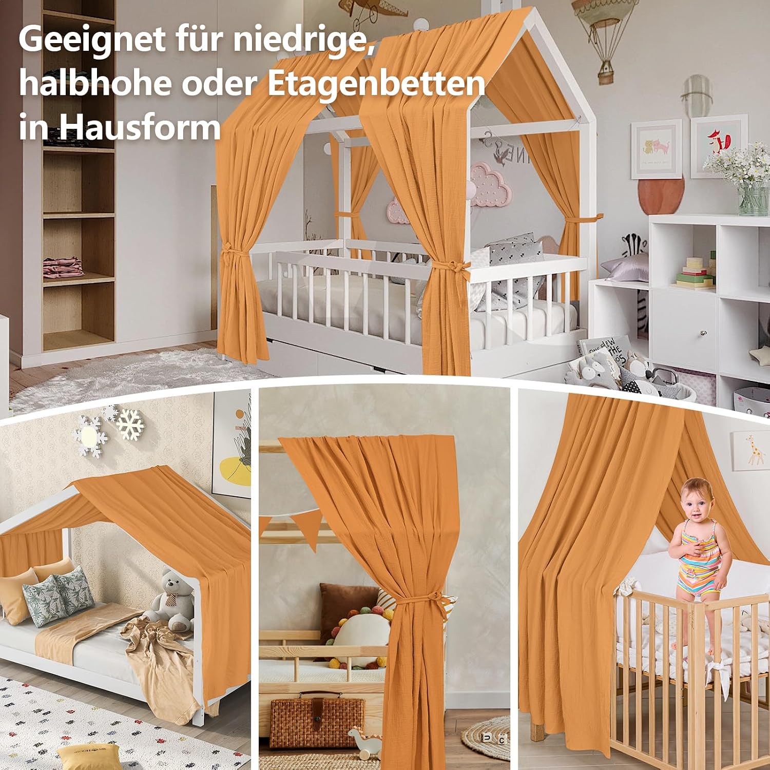 Thumbnail 6 de Alishomtll Hausbett Himmel Set – 2 Betthimmel 67x320cm + Wimpelkette, Senfgelb