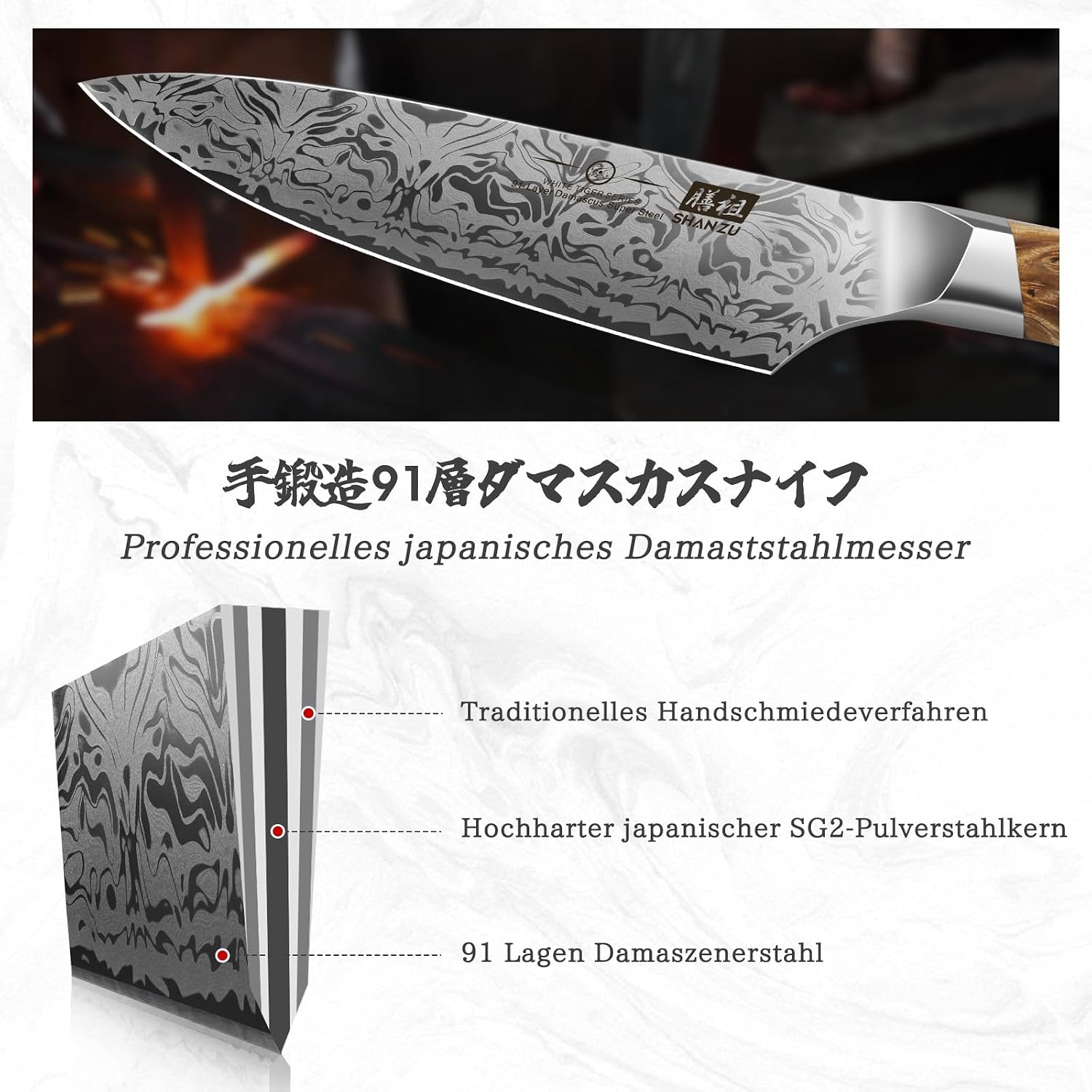 Detalle 1 de SHAN ZU Damast Kochmesser 20 cm