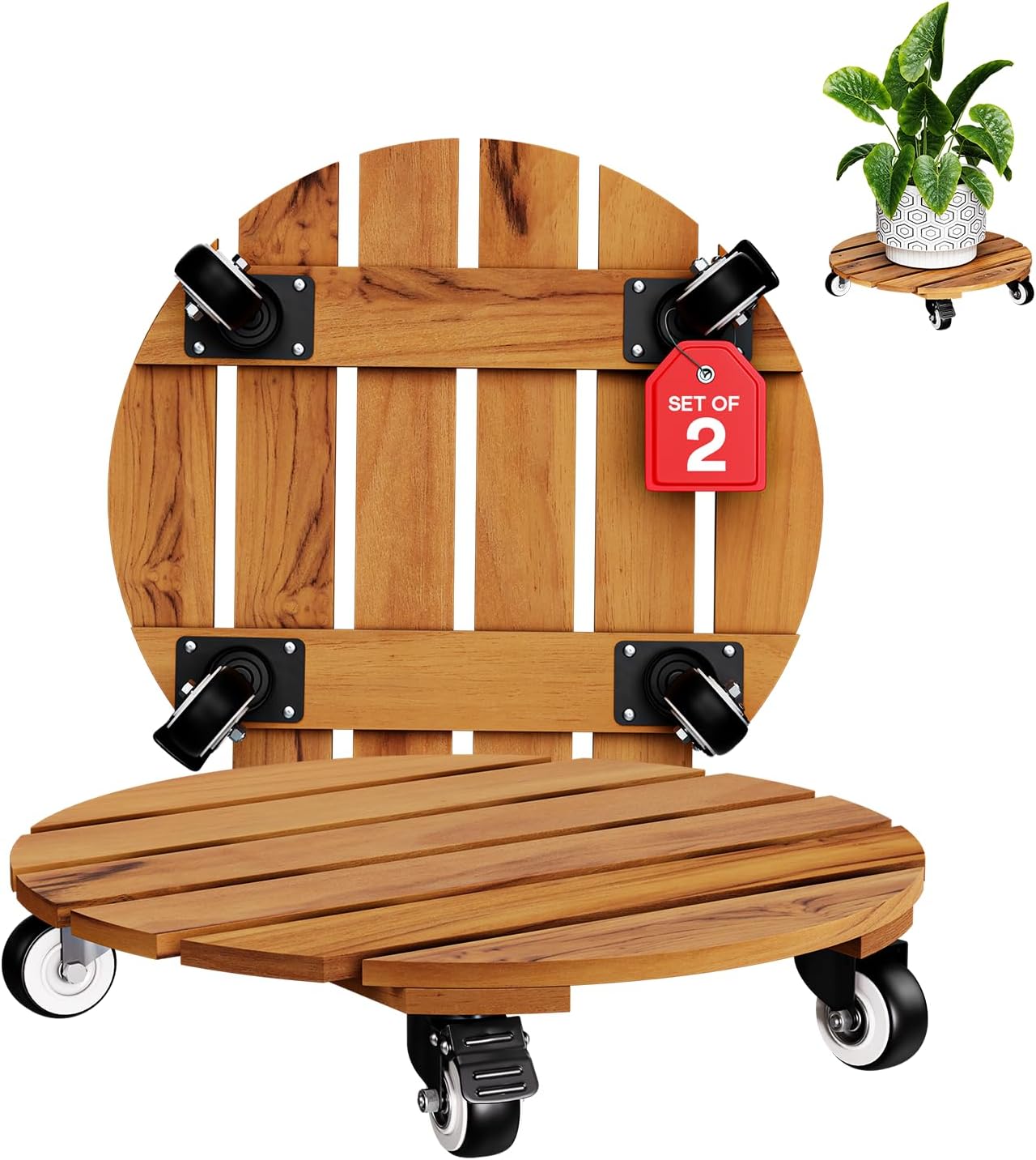 Detalle de IDZO EDNV Acacia Wood Plant Caddy Set, 14-Inch, Locking 360° Wheels