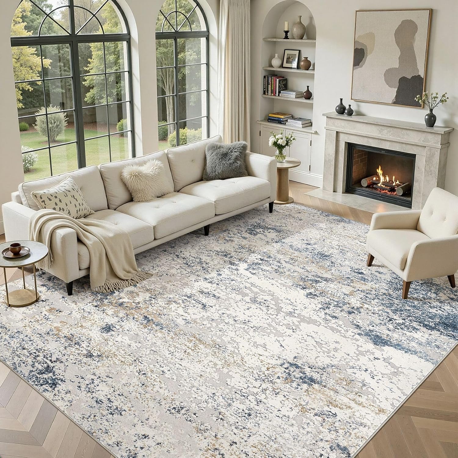 Detalle de DMOYEST 300x400cm Washable Rug for Living Room – Neutral Abstract, Non-Slip, Low-Pile Carpet