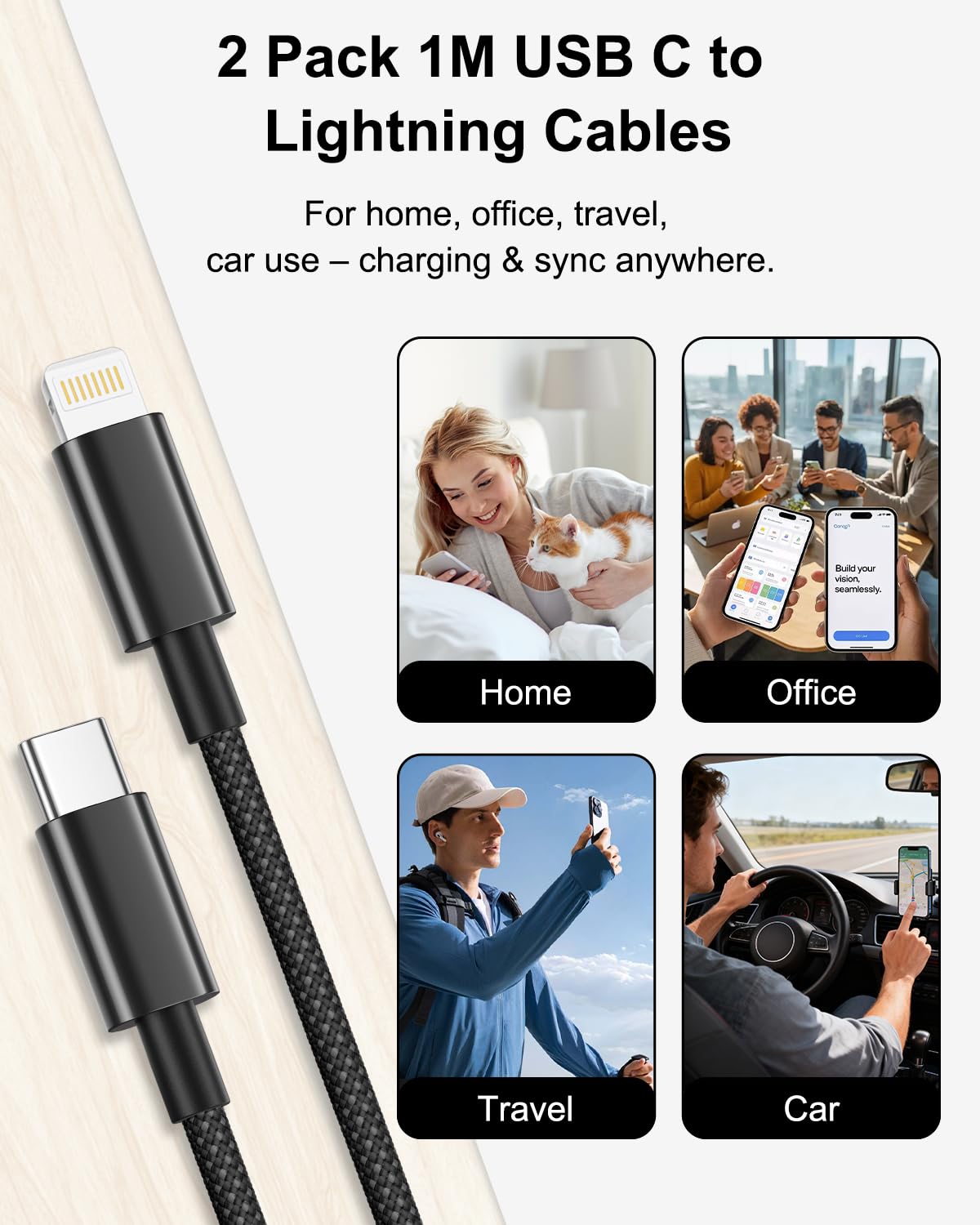 Thumbnail 6 de Cable iPhone Lightning 1 m – Lot de 2, certifié MFi, câble tressé nylon USB‑C vers Lightning
