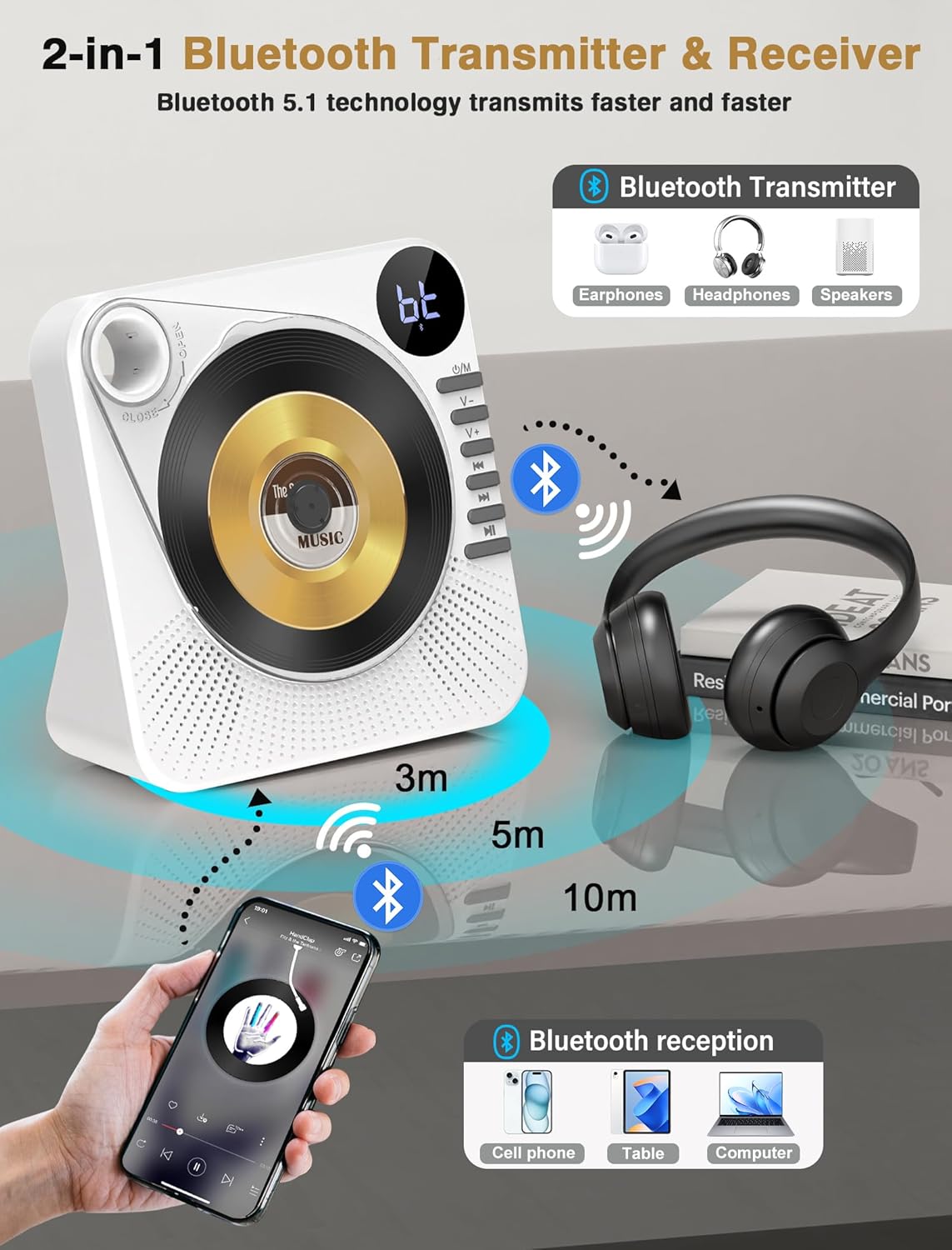 Detalle de Greadio Portable CD Player with Bluetooth 5.1 — Versatile, Space-Saving HiFi for Home Use