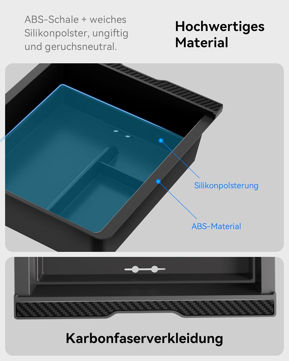 Detalle de VIHIMAI 4-teiliges Mittelkonsolen-Organizer-Set für Tesla Model Y 2025 Juniper (Schwarz) mit Unterteilungen