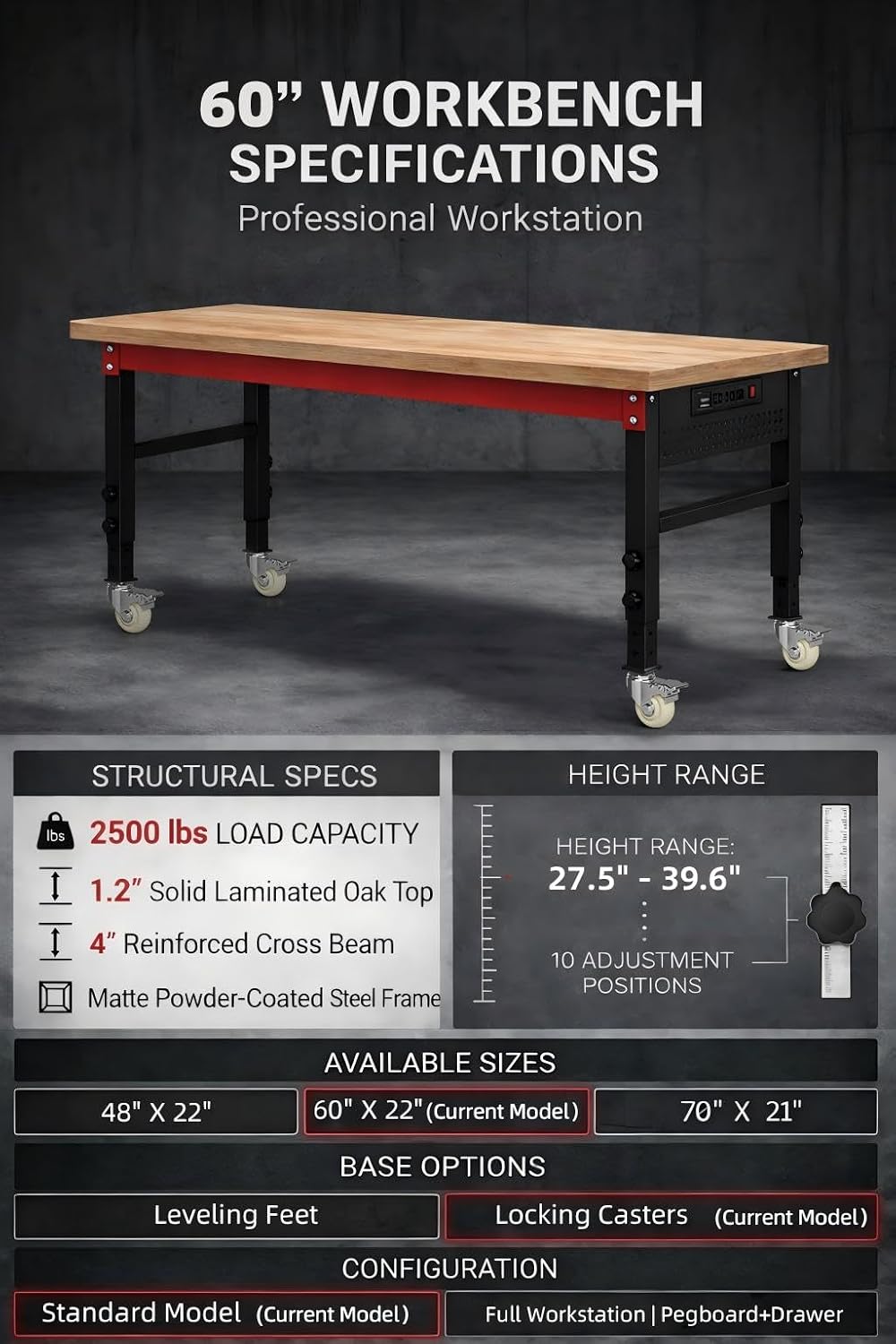 Detalle de VekMax V-WB-150-2-N Heavy-Duty Workbench, 1.2-Inch Top, Adjustable Height
