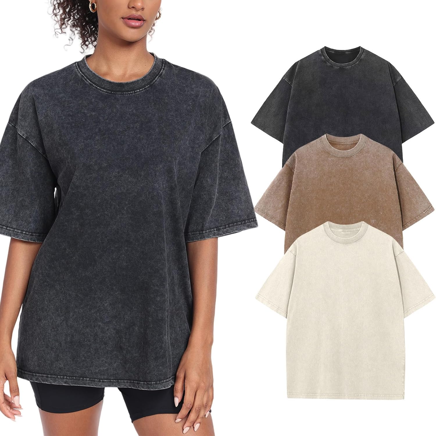 Thumbnail 6 de Oversized Damen-T-Shirt Rundhals Kurzarm – Vintage-Look, Basic Casual