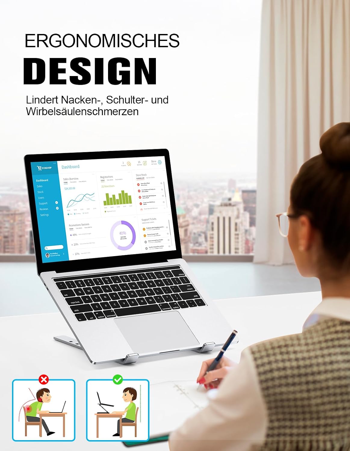 Thumbnail 2 de Babacom Laptop Ständer aus Aluminium (5 Stufen) – höhenverstellbar, belüftet, klappbar für 10–15,6" Notebooks, Silber