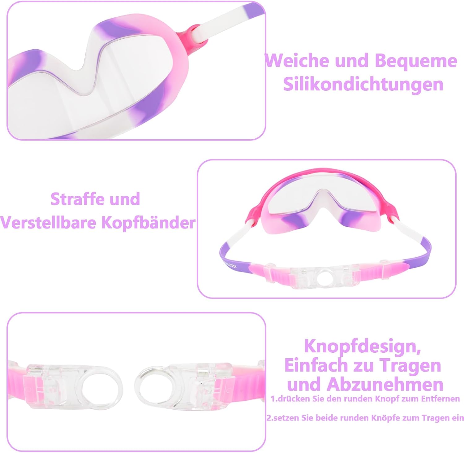 Detalle de Moseem Schwimmbrille Kinder – 2er-Set, UV-Schutz, Anti-Nebel, verstellbare Silikon-Schwimmbrille für Kinder (3–15 Jahre)