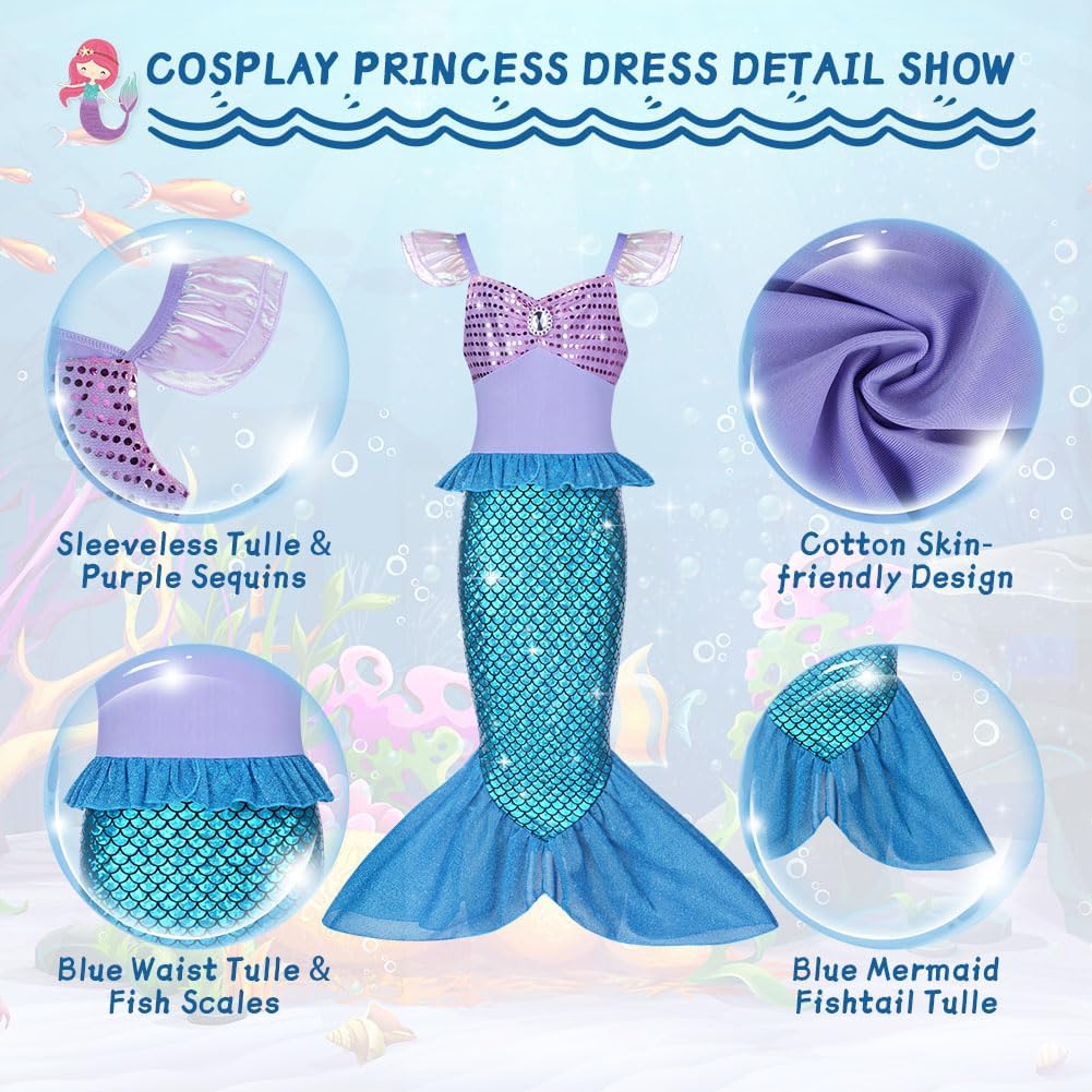 Thumbnail 1 de AOOWU Girls Mermaid Costume: Princess Mermaid Dress Set with Wig, Crown and Magic Wand