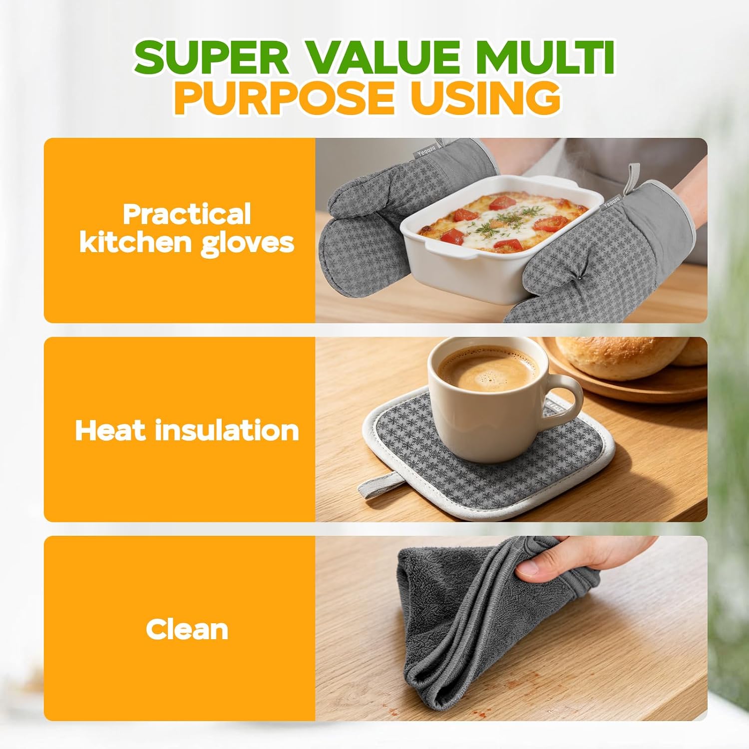 Detalle de Yeqqzq 6-piece Oven Mitts, Pot Holders & Kitchen Towels Set (Grey)