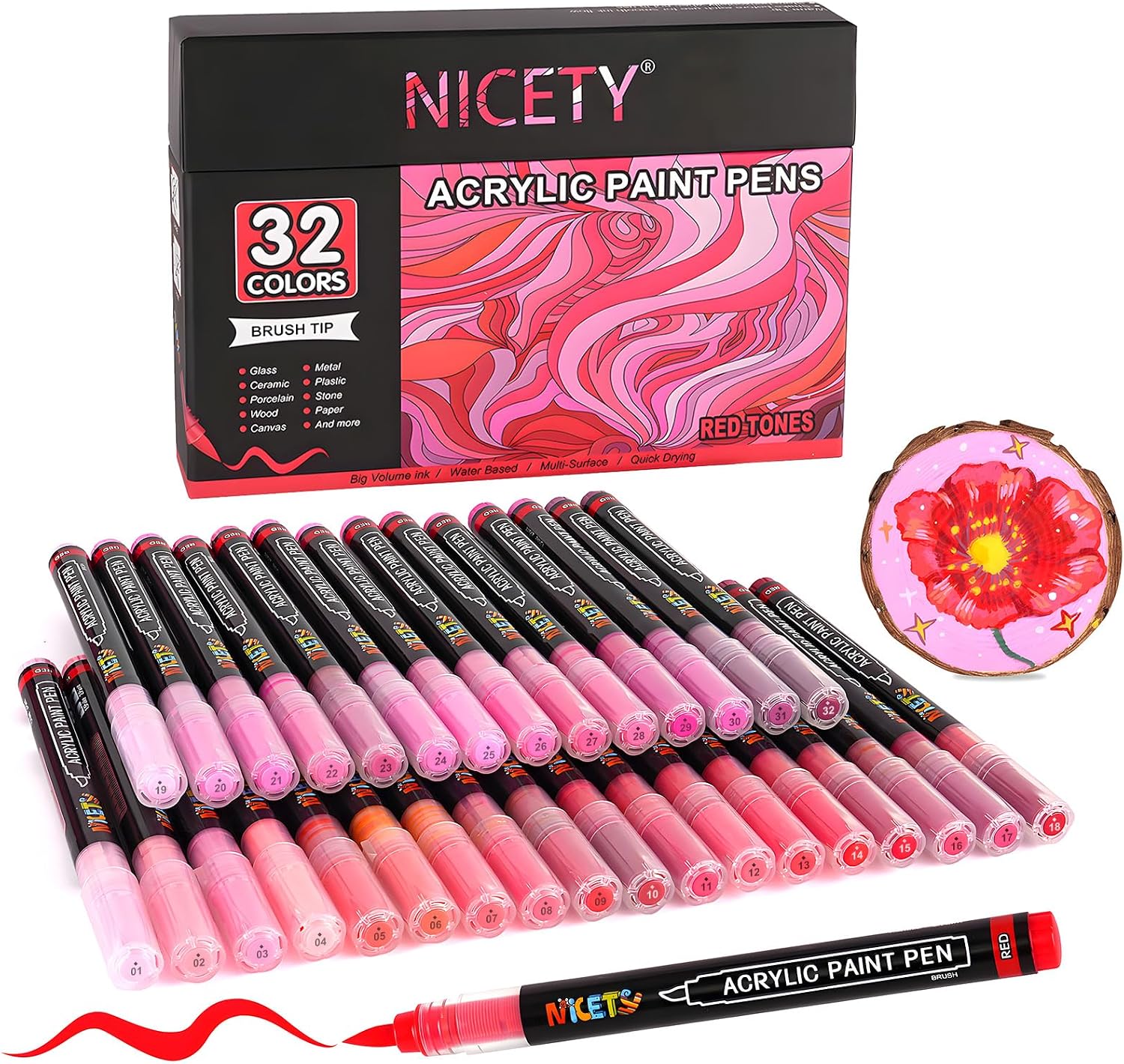 Detalle de NICETY 32-Colour Acrylic Paint Pens with 1–5mm Brush Tips (Red)